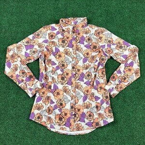 Duluth Trading Womens Small‎ Floral Button Up Shirt Orange Purple Flowers